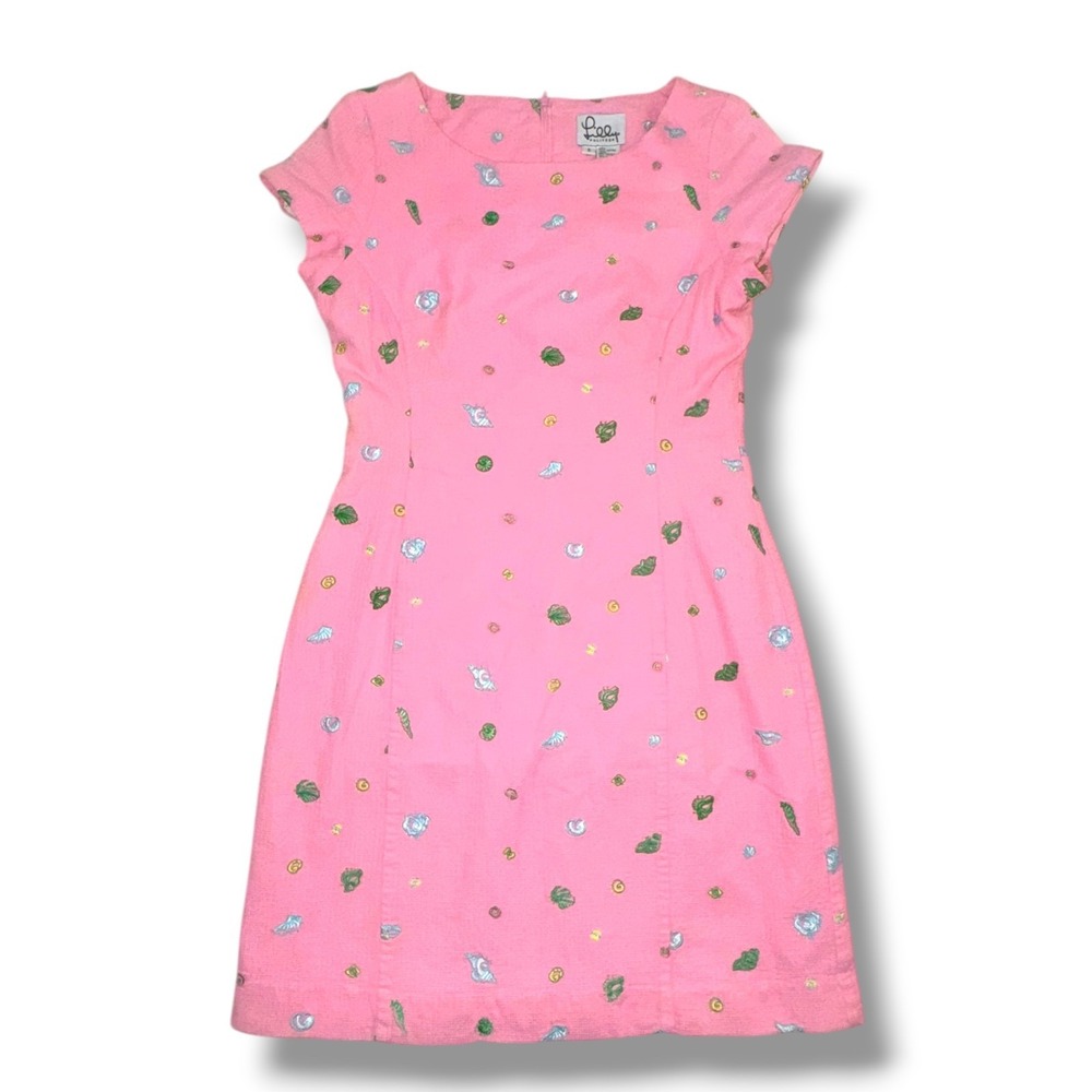 Lilly Pulitzer Pink Seashell Embroidered‎ Dress Size 6 Cap Sleeve Sheath